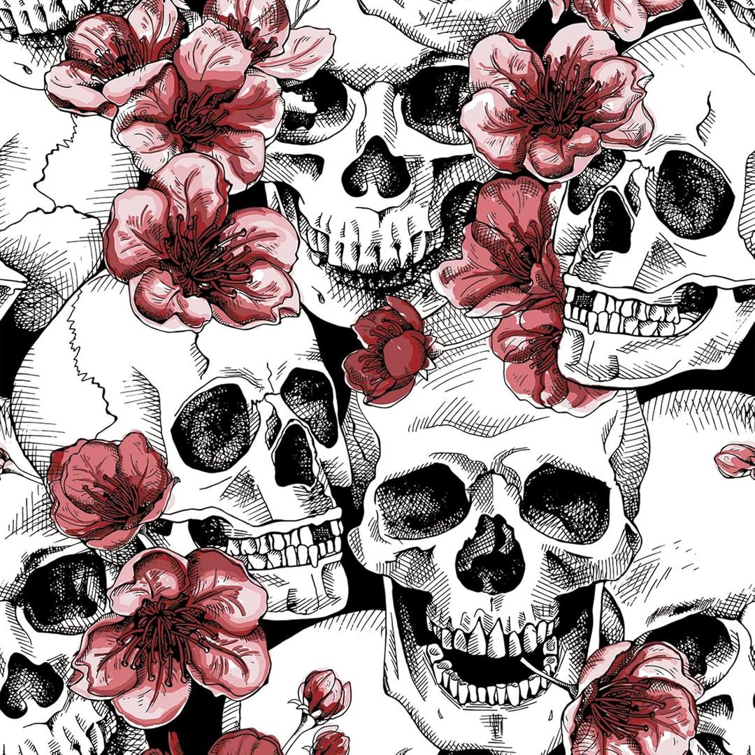Halloween Skull Floral Peel and Stick Wallpaper Red Sugar Skull Floral Gothic Wallpaper Vinyl Removable Self Adhesive Wall Paper for Bedroom Cabinets Accent Wall Decorations 17.3"x118"
