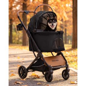 Pet Stroller with Detachable Carrier for Small & Medium Dogs & Cats, Smooth Comfort Ride with Shock-Absorbing Suspension, Foldable Dog Stroller, Compact Storage (Midnight Black)