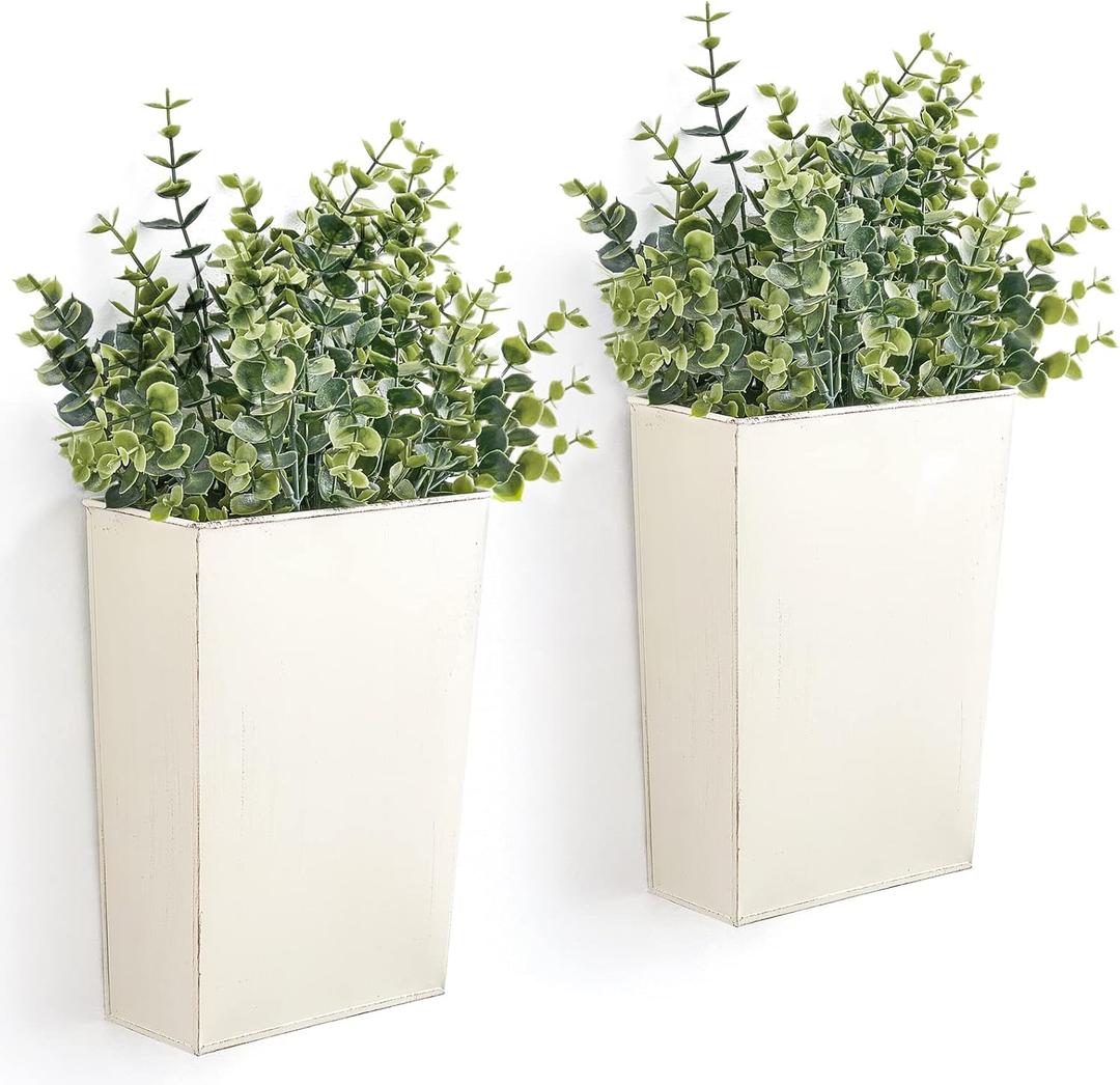 Dahey 2 Packs Metal Wall Planter Vase with Artificial Eucalyptus, Farmhouse Wall Decor Hanging Fake Plants Flowers Holder for Country Rustic Bedroom Bathroom Living Room Kitchen Decoration, White