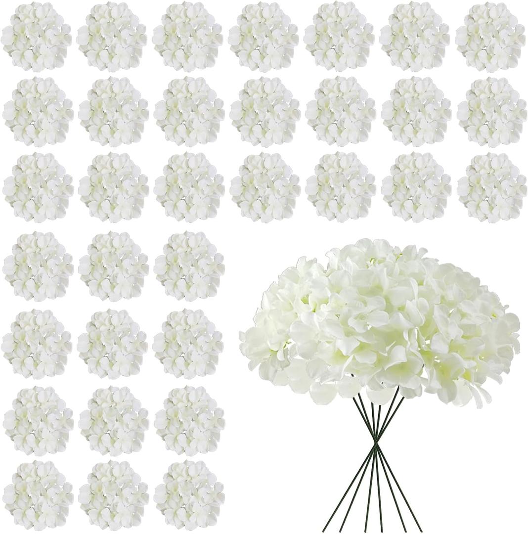 White Hydrangea Artificial Flowers Bulk, 30 Pcs Faux Hydrangea Flowers Heads, Artificial Fake Silk Hydrangea Flowers with Stems, White Flowers Artificial for Decoration Wedding Dcor