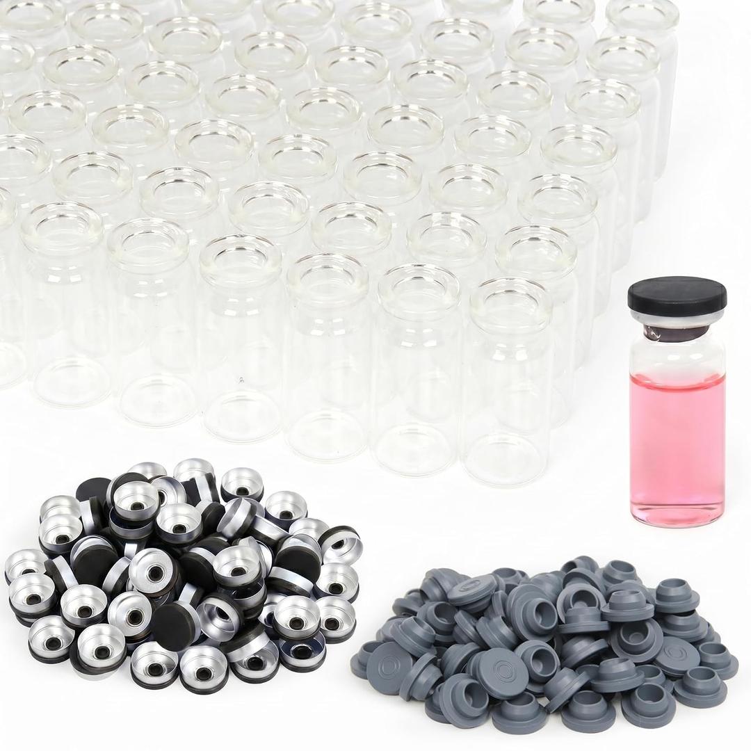 100 Pack 10ml Clear Glass Vials with Black Caps 2.5 Dram Lab Headspace Vials, 20mm Neck Diameter, Includes Flip Top Caps and Self-Sealing Rubber Stoppers for Laboratory, Sample Storage