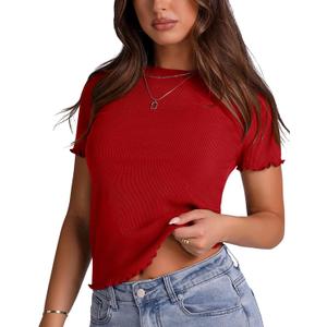 LOMON Women's Crew Neck Short Sleeves T Shirts Ribbed Knit Summer Basic Fitted Tees Lettuce Edge Going Out Tops М