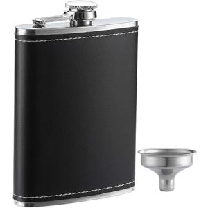1 Pack Flask for Liquor and Funnel, Premium 8 Oz Leak Proof 18/8 Stainless Steel Pocket Hip Flask with Black Leather Cover, Great Gift Idea