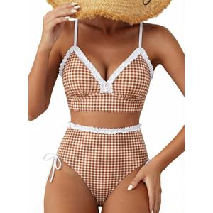 Herseas Women's Splice Ruffle Trim Bikini Sets V Neck Lace Up Side 2 Piece Swim Suits Swimsuits High Waisted Bathing Suits Teen Girls Gingham Retro Classic Beach Vacation Clothes Small