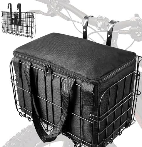 LIQING Bike Basket Front Folding Bicycle Basket with Removable Liner Bag, Quick Release Design Metal Ebike Basket for Adult Women/Men Carrying Dogs, Pets, Fruit & Grocery (XL-Black)
