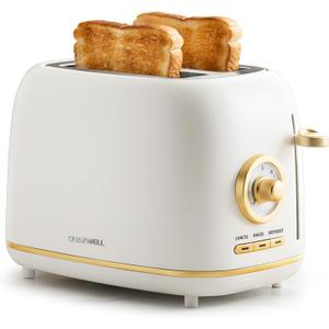 2-Slice Toaster, Wide Slots, 7 Bread Shade Settings, Stainless Steel, Bagel, Cancel, and Defrost Functions, Removable Crumb Tray, Retro Style Toaster,Matte White and Gold