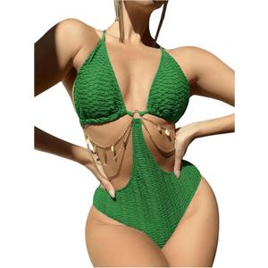 OYOANGLE Women's Chain Linked Cut Out Halter One Piece Swimsuit Tummy Control Bathing Suit (Army Green)
