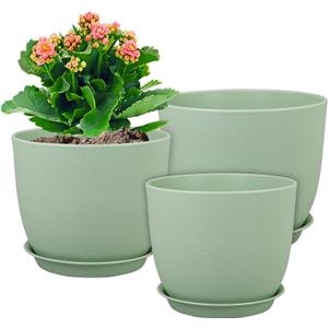 Medium Plant Pots 10/9/8 inch, Flower Pots for Indoor Outdoor Plants, Set of 3 Modern Decorative Plastic Planters with Drainage Holes and Saucers for House Porch Garden Plants, Green