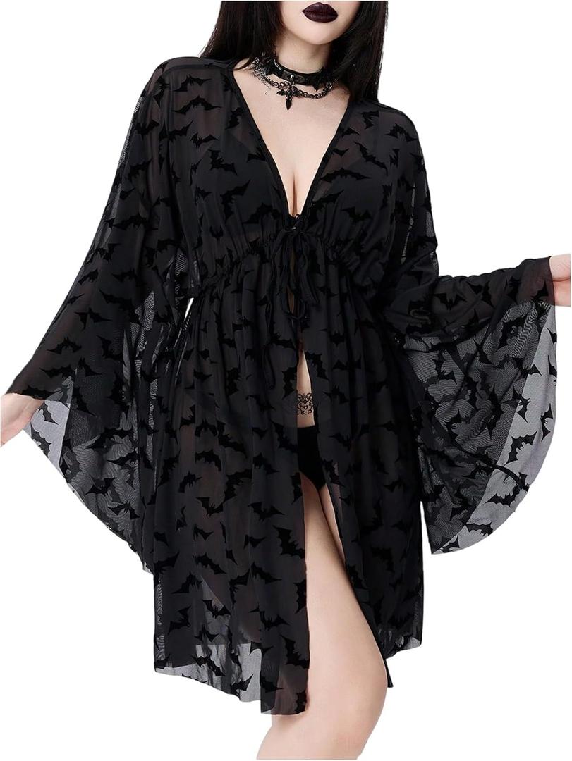 WDIRARA Women's Goth Sheer Kimono Lightweight Cardigan Cover Up Kimono Vacation Summer Beachwear (Black, M)