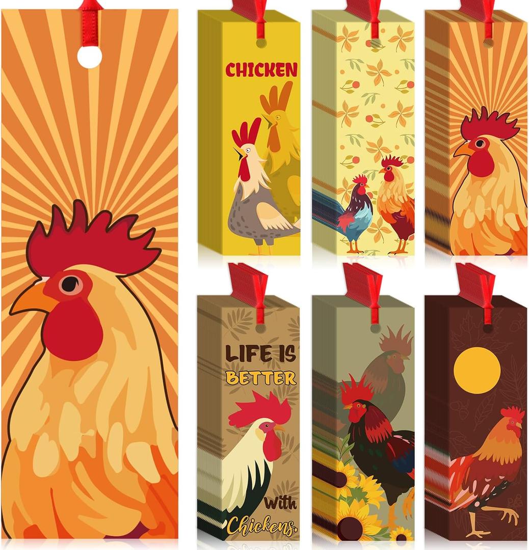3 x Maitys 120 Pcs Thanksgiving Chickens Bookmarks Bulk Rooster Chickens Favors Gifts with Ribbon for Book Lovers Fall Inspirational Book Markers for Thanksgiving Reader Teachers Gifts