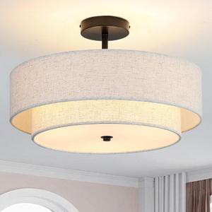 18" Semi Flush Mount Ceiling Light with Fabric Lampshade Modern Drum Ceiling Lamp Black Ceiling Light Fixture for Dining Room Kitchen Bedroom Living Room