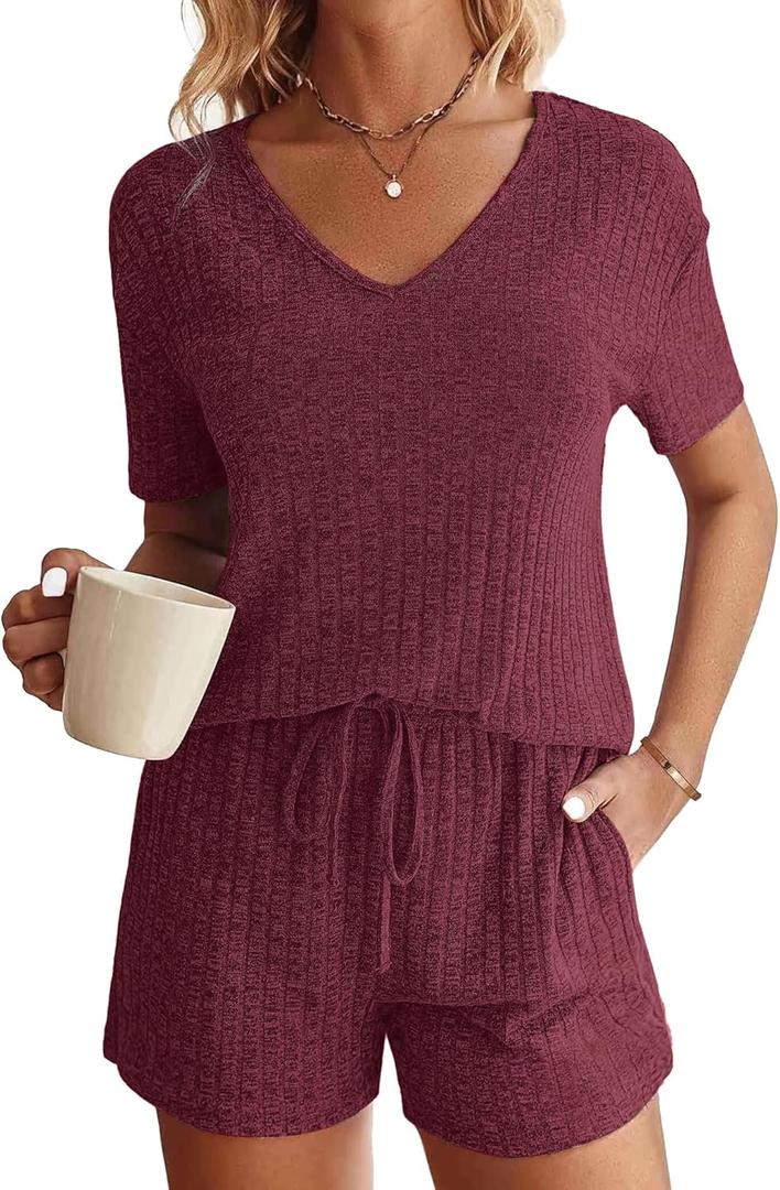 Womens Fashion 2 Piece Outfits Sweatsuits Ribbed Knit Summer Short Sleeve Loungewear V Neck Lounge Set (Large, Red)