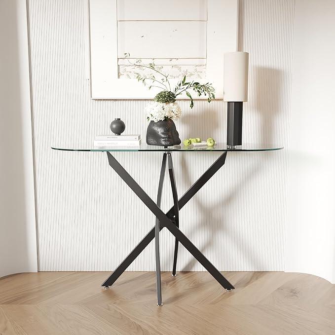 Oval Console Table Modern Narrow Sofa Table with Tempered Glass Top and Black Metal Legs for Home Office