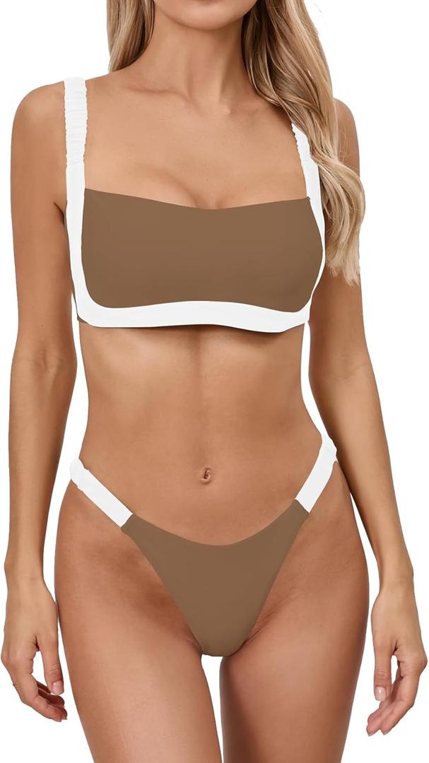 WODECASA Women's Colorblock Bikini Set Square Neck High Cut Cheeky Sexy Two Piece Swimsuit Bathing Suit (Medium, 151 Brown)