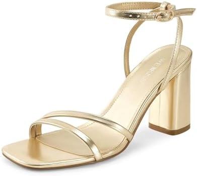 wetkiss Womens Sandals Chunky Strappy Heels Square Open Toe Ankle Buckle Comfort Dress Party Shoes, Gold, Size 8 US 
