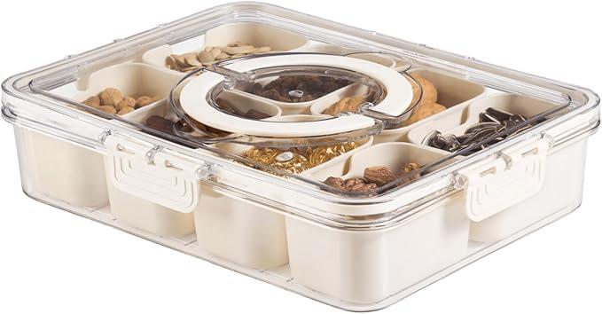 Divided Serving Tray with Lid and Handle - Snackle Box Charcuterie Container for Portable Snack Platters - Clear Organizer for Candy, Fruits, Nuts, Snacks