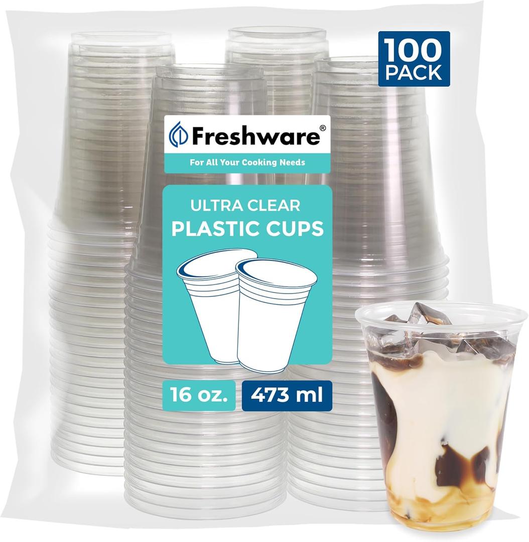 Freshware Clear, Heavy-Duty 16 oz Disposable Plastic Cups, BPA Free (100 Pieces)