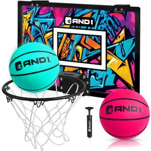 AND1 Over the Door Mini Basketball Hoop: 18x12 Shatterproof Backboard, 2 Mini Basketballs, and Hand Pump Included- Ultimate Indoor Basketball Accessory for Kids and Adults, No Tools Required (Teal)