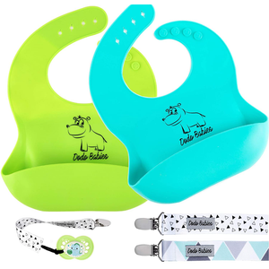 Dodo Babies Silicone Bib Set - Practical BPA-Free Feeding Solution with Adjustable Straps, Wide Food Pocket, and Bonus Pacifier Clips