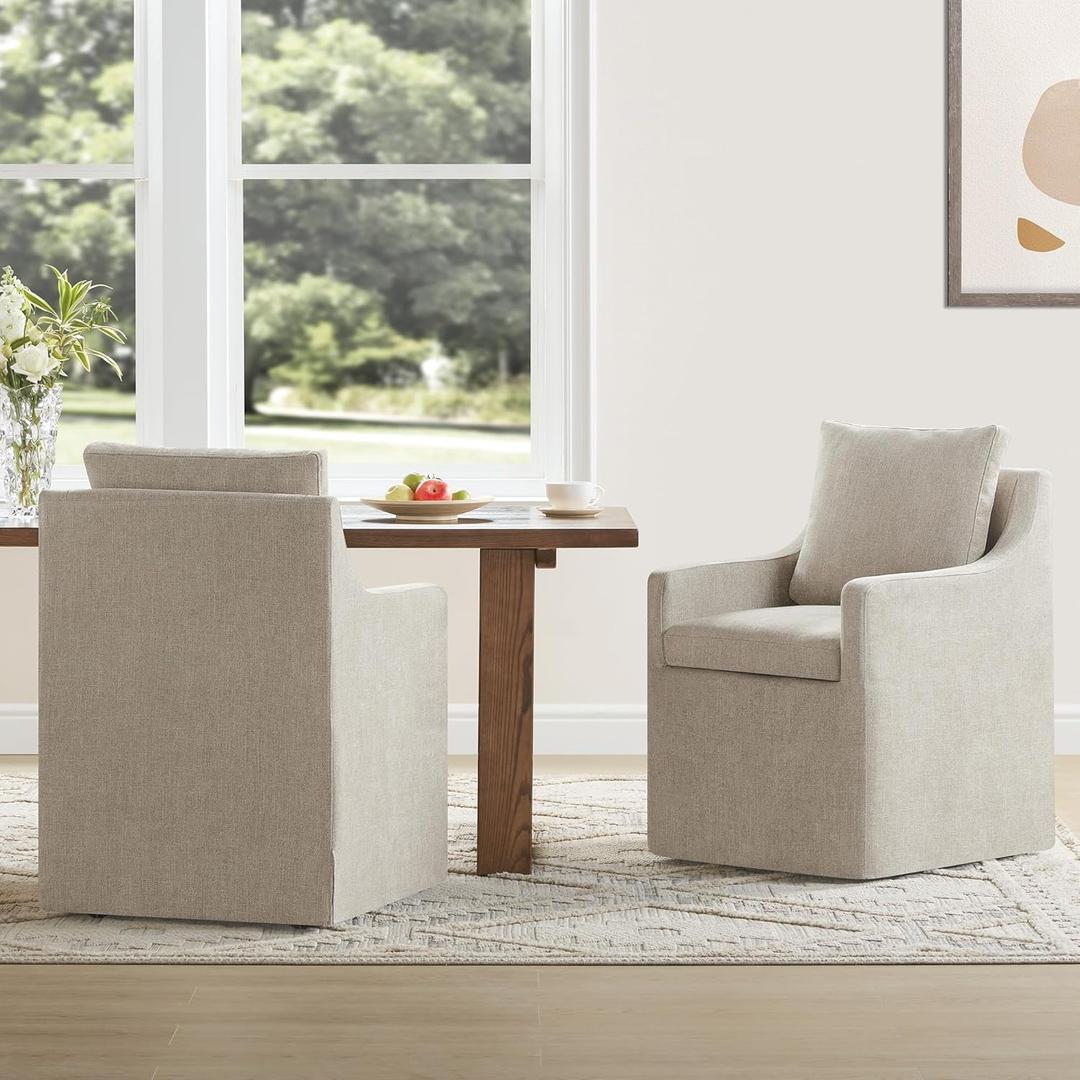 KISLOT Upholstered Dining Chairs Set of 2, Washable Cover Modren Deskchair with 4 Casters & Hidden Storage for Dining Room, Living Room, Home Office, Sand, 2 Box