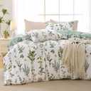 MUXHOMO Duvet Cover Queen Size, Reversible Floral Green Flower Duvet Cover Set with Zipper Closure, 3 Pieces Botanical Patterns Soft Microfiber Bedding Set with 4 Ties (90"x90", 2 Pillow Cases)