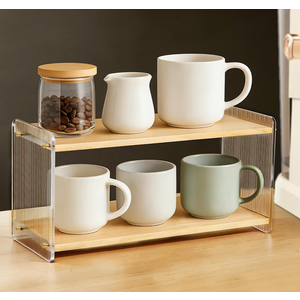 2-Tier Coffee Station Organizer, Acrylic & Pine Wood Mug Holder for Coffee Bar & Matcha Station, Easy-to-Clean Countertop Shelf, Modern Minimalist Design