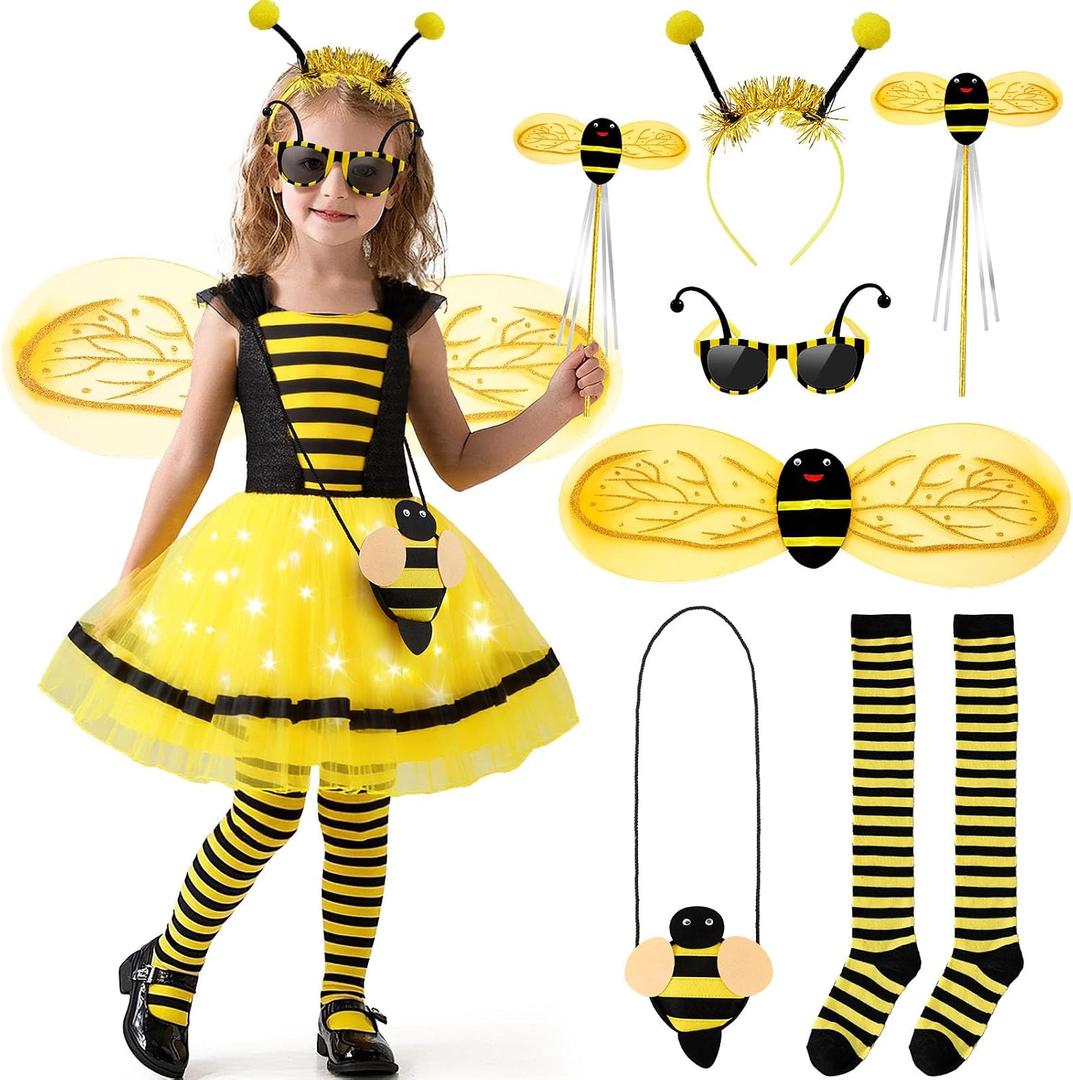 Latocos 8pcs Bee Costume Kids Toddler Light Up Bumblebee Tutu Dress Bee Wings Bag Socks Halloween Dress Up Gift (Yellow), Size: 110(3-4T)