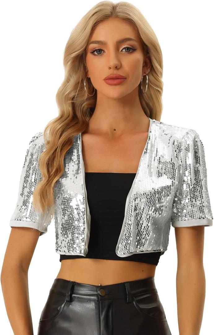 Allegra K Sequin Cardigan for Women Puff Sleeve Open Front Jacket Halloween Sparkly Glitter Cropped Shrug Bolero X-Small Silver