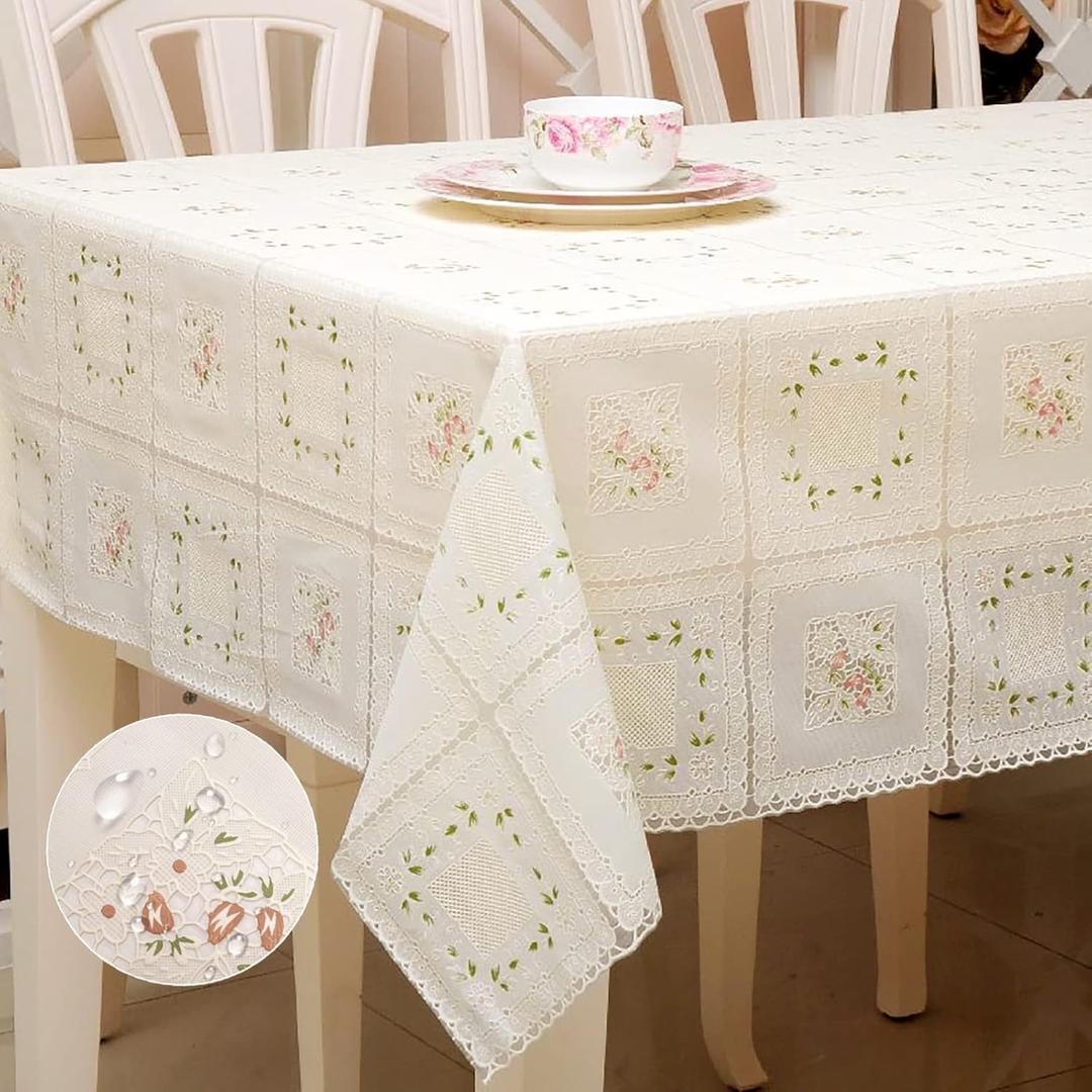 Waterproof OilProof Vinyl Table Cover, Plastic Lace Tablecloth, 53" x 79" (Rectangular), Leaf Flower Pattern Beige, Perfect for Dining, Kitchen, Outdoor Tables