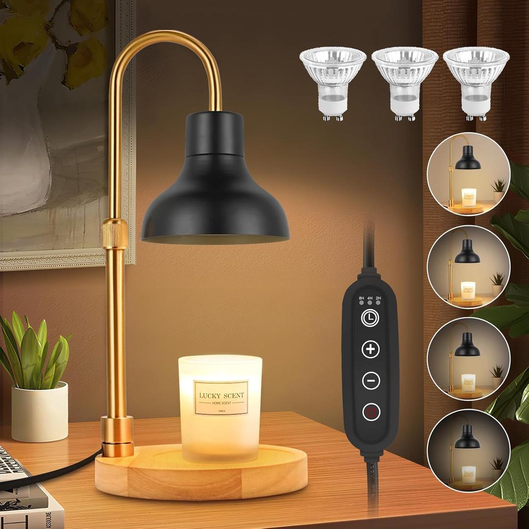 Candle Warmer Lamp with Timer & Dimmer, Adjustable Height Electric Candle Warmer with 3 Bulbs,Compatible with All Size Scented Candles, Wax Melt Warmer for Bedroom,Home Decor House Warming Gifts (Horn-Black)