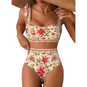 Herseas Women's Tie Shoulder Bikini Sets 2 Piece Striped Swimsuits High Waisted Bathing Suits (Multicolor Floral Beige)