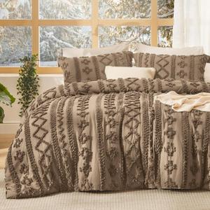 Bedsure Tufted Boho Comforter Set California King Size - Light Brown Boho Bed Set, GentleSoft 3 Pieces Farmhouse-Style Embroidery Bedding, Gifts for Woman, Jacquard Comforter for All Seasons