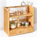 AIEVE Matcha Station Organizer, 2-Tier Bamboo Shelf with Hidden Drawer, Coffee Station Organizer Mug Holder Shelf for Matcha Whisk Set Bowl Cup Scoop Sifter
