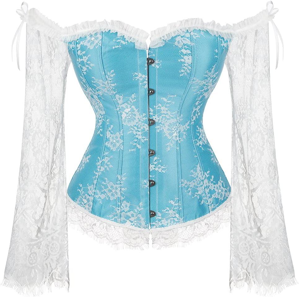 SZIVYSHI Corset Tops for Women with Sleeves, Bustier Overbust Lace Up Bodice Lingerie, Vintage Steampunk Strapless Shirt (M, Light Blue)