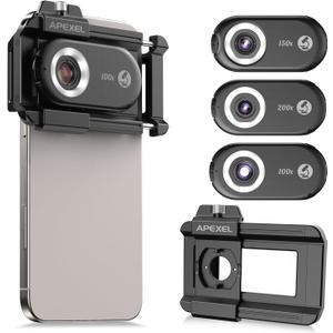 APEXEL 3-in-1 Phone Microscope Lens, PhoneMicro 5 Series 100X/150X/200X Phone Micro Lens for Android/iPhone with LED Light/CPL/Universal Clip, Phone Lens Attachment Mini Pocket Microscope Camera