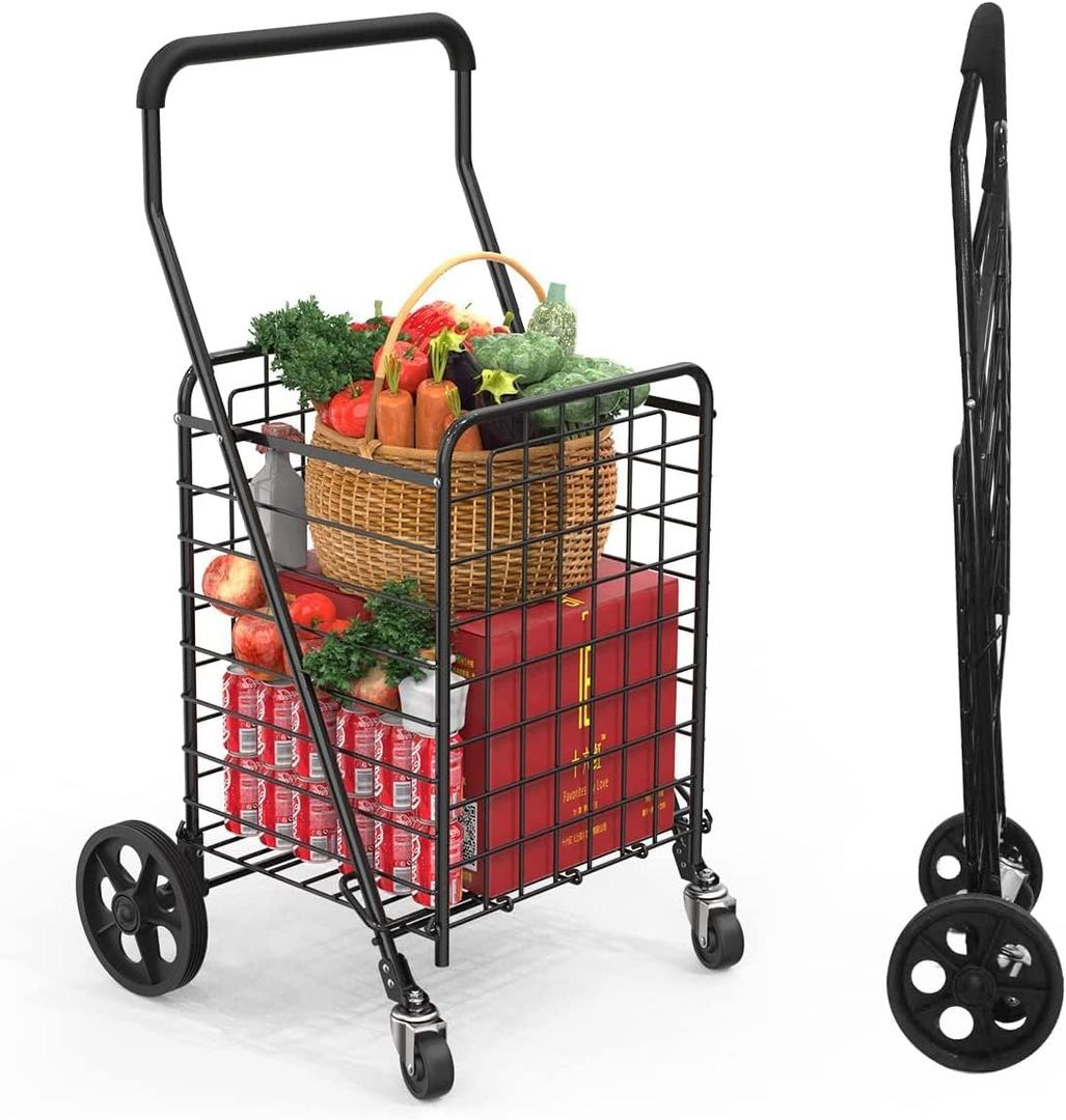 Grocery Shopping Cart with 360 Rolling Swivel Wheels Utility Cart Easily Collapsible Cart 66lb Extended Foam Cover, Trolley for Laundry,Groceries,Travel Black (Medium)