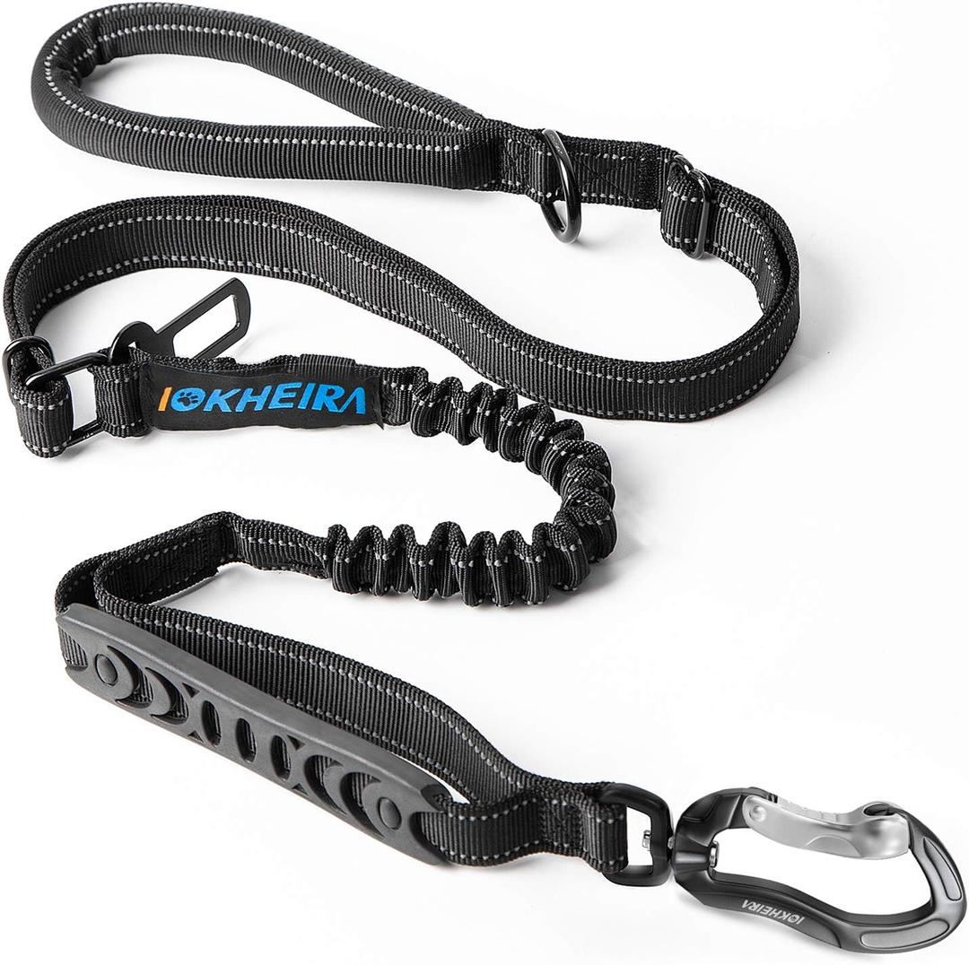 IOKHEIRA Multifunctional Leash with Car Seatbelt for Large, Medium Dogs, Adjustable, 4-6 FT Strong Bungee Leash (Black)