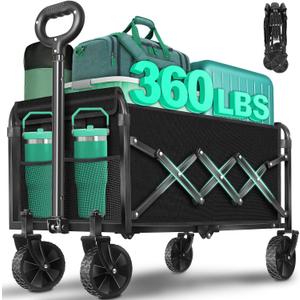 Collapsible Wagon Cart with Wheels Foldable: 360LBS Heavy Duty Folding Utility Wagon - Portable All Terrain Grocery Wagon Cart for Groceries Shopping Outdoor Camping Fishing Sports (Black)