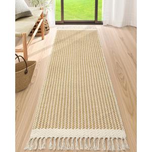 Lahome Belle Boho Hallway Runner Rug, 2'6''x8 Kitchen Runners Washable Rugs for Bedroom Woven Cotton Rug with Tassels, Farmhouse Bath Non Shedding Carpet Runner for Laundry Basement, Khaki