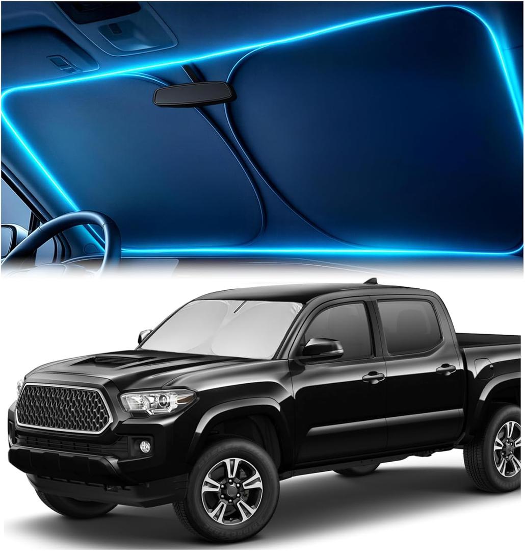 Windshield Sun Shade for Toyota Tacoma 2016-2023 2024 2025 Custom Fit Sun Shield with Mirror CutOut, Blocks Heat & UV, Foldable with Storage Pouch - Toyota Tacoma Windshield Sunshade