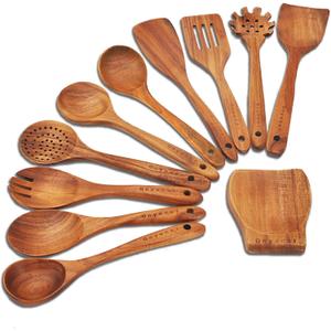 Wooden Spoons for Cooking,Wooden Utensils for Cooking 11 Pcs Wooden Kitchen Utensils Set Wooden Spatulas for Cooking Wooden Cooking Utensils with Holder, 14.37*4.13*3.54, Brown