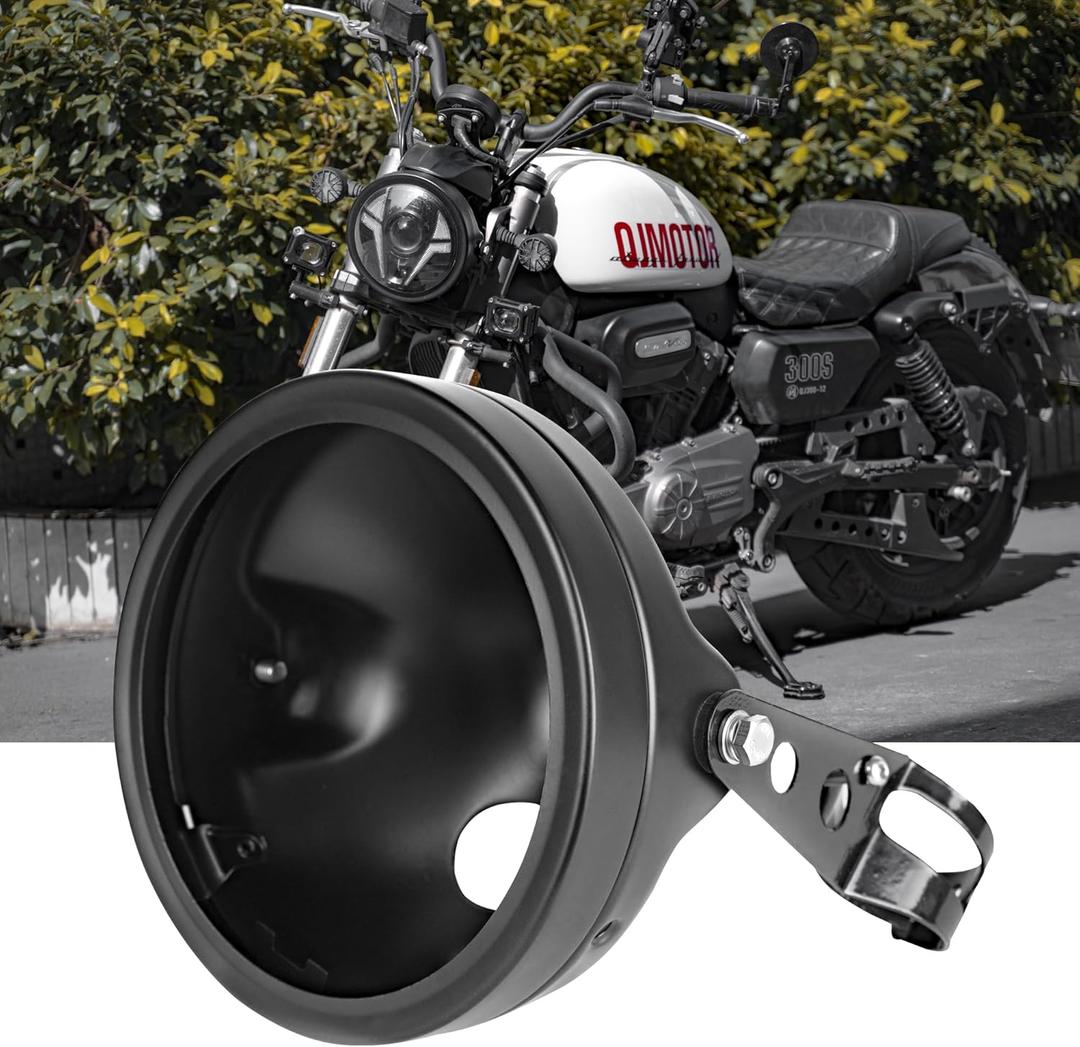 7 Inch Motorcycle Headlight Housing Bucket Black Carbon Steel Corrosion-Resistant Front Light Shell with 32-40mm Fork Tube Side Mount Brackets, Housing Only