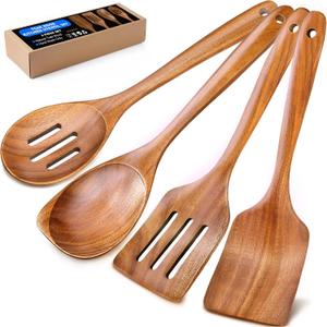 Wooden Spoons for Cooking, 4 Piece Natural Premium Teak Wooden Cooking Utensils Set, Heat Resistant Large Kitchen Wooden Spoons and Wooden Spatula for Nonstick Cookware Cooking Gifts