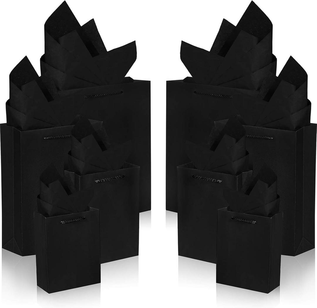 Outus 24 Sets Black Gift Bags Paper Kraft Bags with 24 Pcs Copy Papers 4 Different Sizes in 6/8/11/13 Inches for Birthday Graduations Parties Wedding