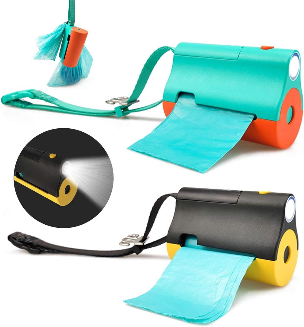 3 in 1 Dog Poop Bags Holder with Built-in LED Flashlight for Leash and Metal Clip for Hanging Used Bags Bi-Color Dog Poop Dispenser with Wristler(2 Holder 30 Bags, Blue&Black)
