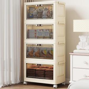 4 Tier - 48QT Storage Bins with Lids, Collapsible Storage Bins with Doors and Wheels, Plastic Storage Cabinet for Easy Storage and Organization for Living Room, Office, Creme  4 Tier - 48QT Storage Bins with Lids, Collapsible Storage Bins with Doors and Wheels, Plastic Storage Cabinet for Easy Storage and Organization for Living Room, Office, Creme