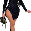 Uni Clau Women Sexy Sheer Mesh Boydcon Midi Dress See Through Printed Long Sleeve Midi Skinny Clubwear Party Dress (Y-Black, X-Large)