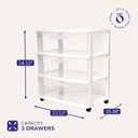 HOMZ Drawer Tower, 3-Tier Wide Rolling Storage Cart with Removable Wheels, White Frame – Plastic Organizer with Clear Bin Drawers for Bedroom, Bathroom, Home Office, and Dorm Room
