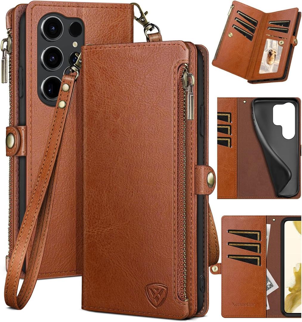 XcaseBar Compatible with Samsung Galaxy S25 Ultra Wallet case with Zipper Credit Card HolderRFID Blocking,Flip Folio Book PU Phone case Shockproof Cover Women Men for S25 Ultra case Light Brown
