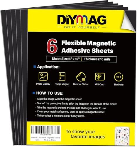 DIYMAG Magnetic Adhesive Sheets, |8" x 10"|, 6 Pack Flexible Magnetic Sheets with Adhesive Backing for Crafts, Photos and Pattern Storage, Easy Peel and Stick, Easy to Cut into Any Size